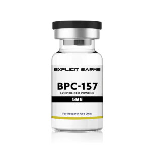 Potent research chemical in a small glass vial labeled "BPC-157" for scientific study, marketed under the brand "Explicit SARMs", containing lyophilized powder at a 5mg dosage.