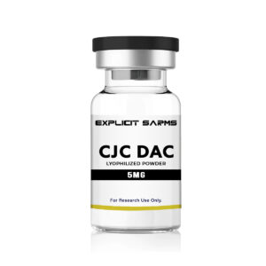 Unlabeled supplement bottle labeled "Explicit SARMS CJC DAC" with 5mg lyophilized powder for research use only.