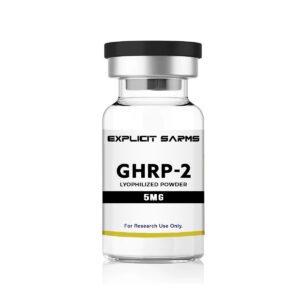 Potent GHRP-2 lyophilized powder supplement in a clear glass vial labeled for research use only, designed for anabolic performance, muscle growth, and enhanced physical recovery.
