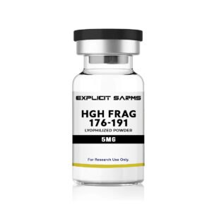 HGH frag 176-191 lyophilized powder; research peptide for body recomposition, fat loss, and muscle gain; legal supplement for scientific use only.